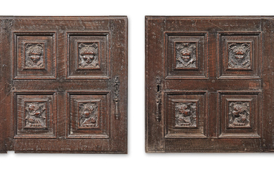 A pair of mid-16th century carved oak panelled doors, Franco-Flemish, circa 1550-1580