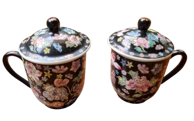 A pair of modern Chinese famille noire covered cup