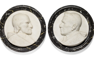 A pair of round Italian Carrara white marble plaques each with portrait of a Pope in profile, profiled marbled frame. Mid-19th century. Diam. 47.5 cm. (2)