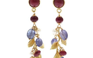 A pair of ruby, iolite and pearl ear pendants each set with three rubies, three iolites and two cultured pearls, mounted in 18k gold. (2)