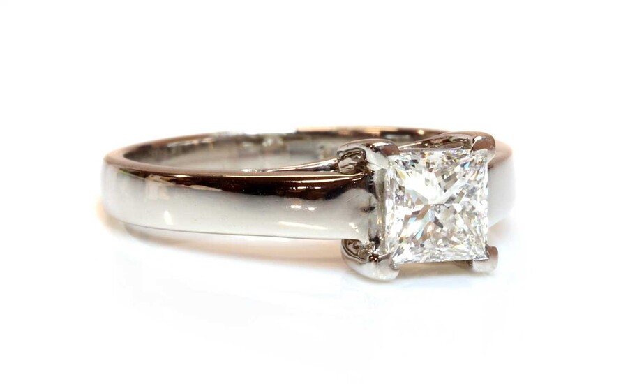 A platinum single stone princess cut diamond ring