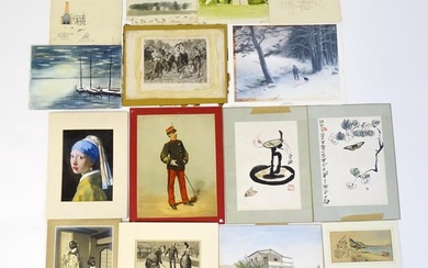 A quantity of assorted watercolours, prints and engravings to include a monochrome watercolour In