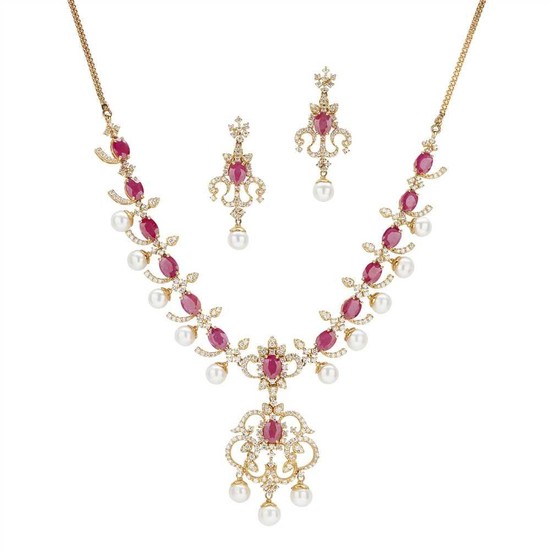 A ruby, diamond and pearl set pendant necklace and pair of pendant earrings