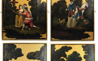 A set of four painted and parcel-gilt leather wall panels