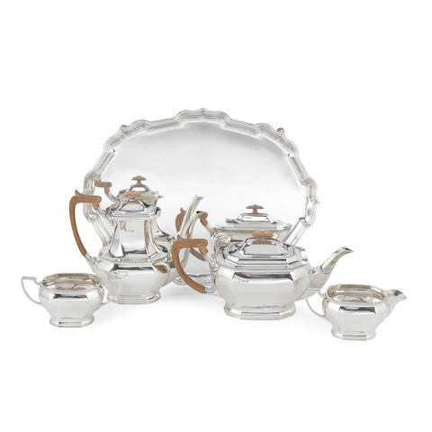 A silver four-piece tea and coffee service together with a tray