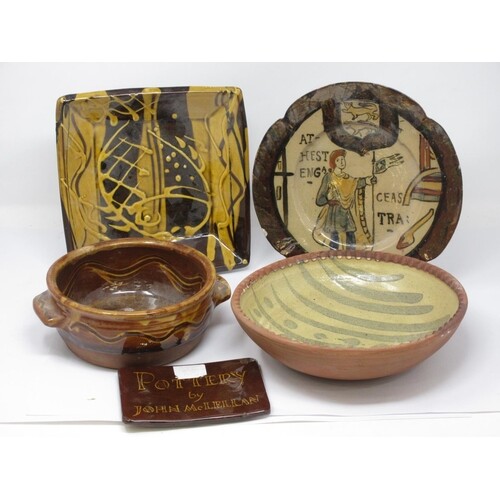 A slipware square Dish with impressed potter's mark, a Plate...