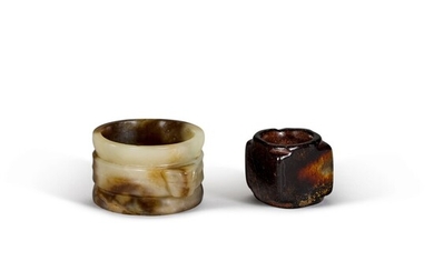 A small archaistic brownish-black jade cong and a jade ribbed tube with mask handles Ming dynasty | 明 仿古玉琮及圓箍形飾一組兩件