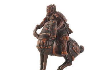 A wood okimono of a samurai on horseback