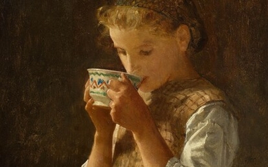 ALBERT ANKER(1831 Ins 1910)Recto : Jeune fille buvant du café. 1870.Verso : homme avec une...