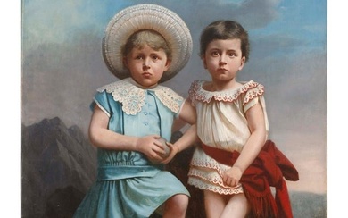 AMERICAN SCHOOL (19th Century,), Portrait of two children in a landscape., Oil on canvas, 35" x 26".