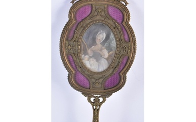 AN ANTIQUE FRENCH BRONZE AND PURPLE ENAMEL HAND MIRROR. 27 c...