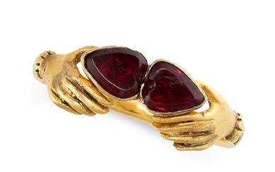 AN ANTIQUE GARNET SWEETHEART / CLADDAGH RING in yellow