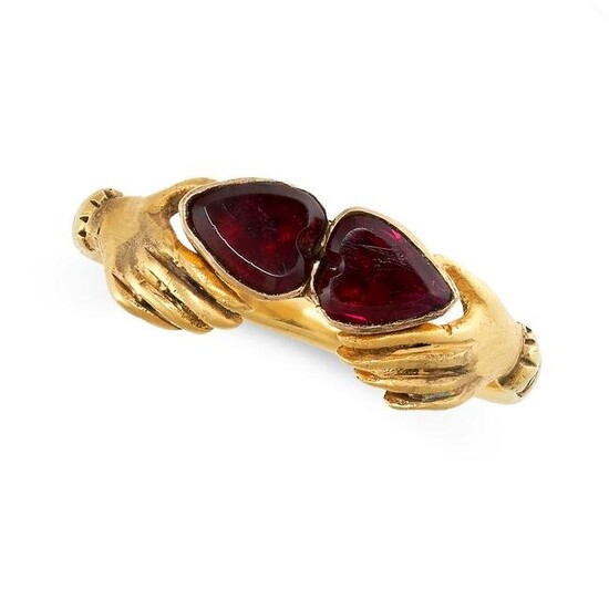AN ANTIQUE GARNET SWEETHEART / CLADDAGH RING in yellow