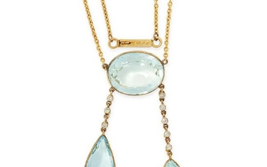 AN AQUAMARINE AND DIAMOND LAVALIER NECKLACE, EARLY 20TH