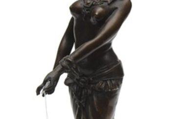 AN EGYPTIANATE BRONZE FIGURE OF A SEMI-DRAPED FEMALE, RAISED ON A STEPPED VEINED MARBLE BASE, 35.5 CM HIGH