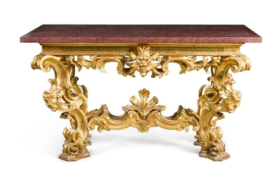 AN ITALIAN CARVED GILTWOOD CONSOLE TABLE, ROMAN, 18TH CENTURY AND LATER