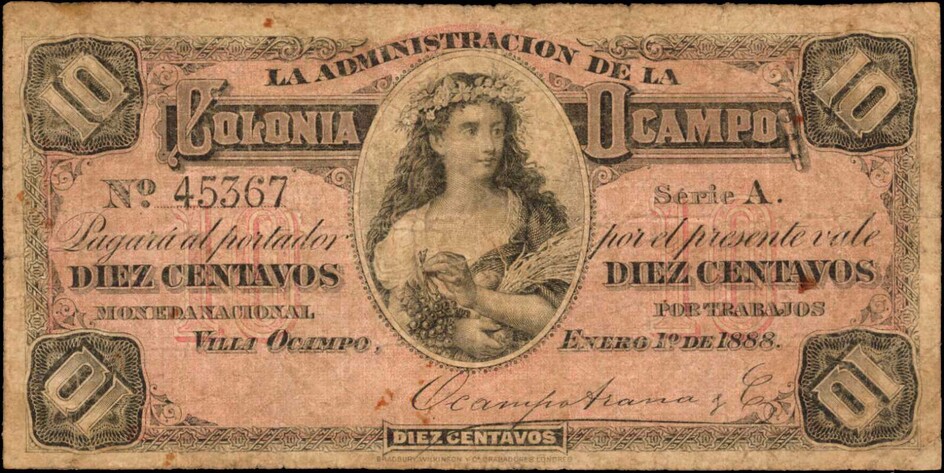 ARGENTINA. Administration de la Colonia Ocampo. 10 Centavos, 1888. P-Unlisted. Very Good.