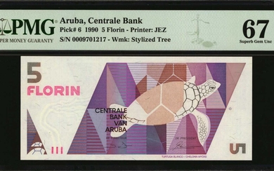 ARUBA. Centrale Bank. 5 Florin, 1990. P-6. PMG Superb Gem Uncirculated 67 EPQ.