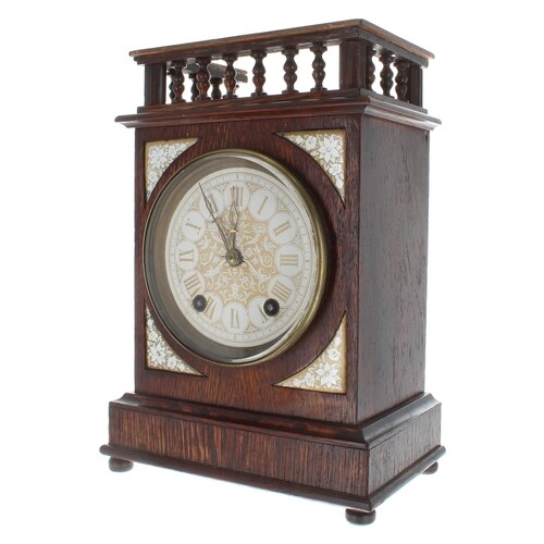Aesthetic oak two train mantel clock, with a turned spindle ...