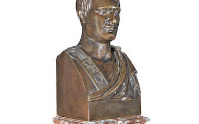 After Antoine-Denis Chaudet (1763-1810): A first half 19th century bronze bust of Napoleon together with a later veined rouge marble pedestal