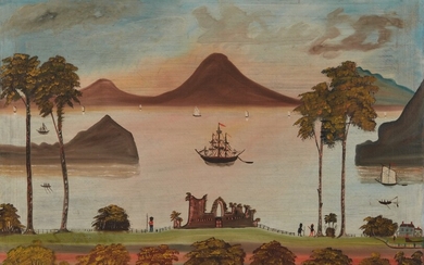 American School, Harbor Scene Overmantel Painting with Mountainous Islands; Gothic Ruins, Dabbed Trees