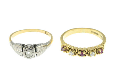 An 18ct gold ruby and diamond five-stone ring and a diamond single-stone ring.