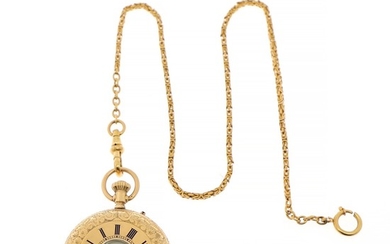 An 18k gold half-hunter and pin-set pocket watch. C. 1883. Weight 41 g. Case diam. 34 mm. Together with a gold watch chain. (2)