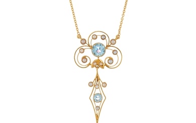 An Edwardian 18ct gold aquamarine and pearl openwork necklac...