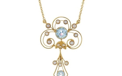 An Edwardian 18ct gold aquamarine and pearl openwork necklace