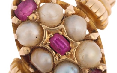 An early 20th century 15ct gold ruby and pearl marquise clus...
