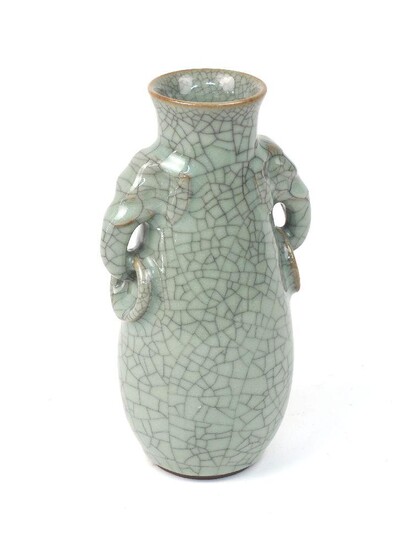 An earthenware vase, 20th century, of Ge-ware form, with celadon and single crackle glaze, moulded with traditional twin-handles, 21.5cm high