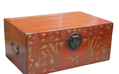 An oriental red lacquer case, with gilt highlights and metal...