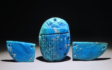 Ancient Egyptian Faience, Blue fine Pectoral winged Scarab. 1070-332 BC. 12 cm L. Spanish Export License. Pectoral winged Scarab.