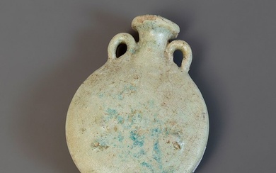 Ancient Egyptian Faience New Year Canteen. Late Period 664 - 323 BC. 13 cm H. Spanish Export License.