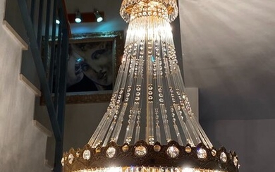 Antigua Lámpara Araña de Bronce con Lágrimas de Cristal Chandelier - con sus 9 Focos de Luz - 100cm - Ceiling lamp (1)