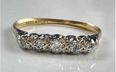 Antique 18K Gold + Platinum Ring with 5 Old Cut Diamonds