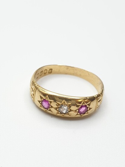 Antique 18ct Diamond and Ruby Gypsy style Ring, clear...