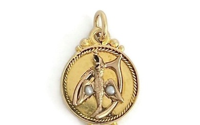Antique Bird Wishbone Seed Pearl Necklace Pendant Charm 14K Yellow Gold, 1.99 Gr