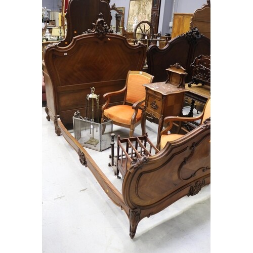 Antique French walnut Louis XV bed, approx 169cm H x 198cm L...