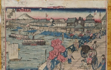 Antique Japanese Woodblock Print Steamships in Harbor