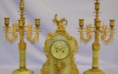 Antique Three Piece Green Onyx Mantel Clock