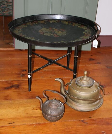 Antique Tole Tray on Stand with Brass Kettles
