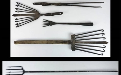 Antique Wrought Iron Fish and Eel Spears, (5pc)