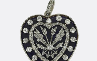 Art Deco Enamel and Diamond Heart Locket Pendant