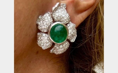 Art Deco French Platinum 10.50 Ct. Diamond & Emerald Flower Earrings