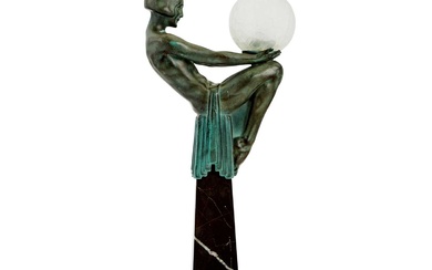 Art Deco Style Mottled Green and Brown Patinated Metal and Marble Figural Lamp After Max Le Verrier