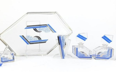 Art Deco flashed cut glass dressing table set on tray