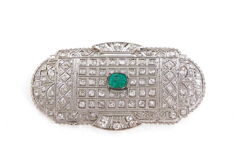 Art Deco platinum, emerald and diamond brooch