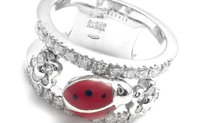 Authentic! Aaron Basha 18k White Gold Diamond Red Enamel Ladybug Band Ring