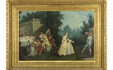 BOUCHER FRANCOIS / in de stijl van negentiende eeuws olieverfschilderij op doek (op doek) met een typisch thema : "Fête galante" - 70 x 105 ||19th Cent. François Boucher style "Fête galante" oil on canvas